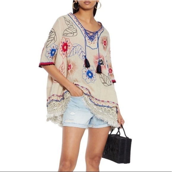 ANJUNA Azzurra Embroidered Linen blend Tunic Tassel Top - Picture 2 of 8